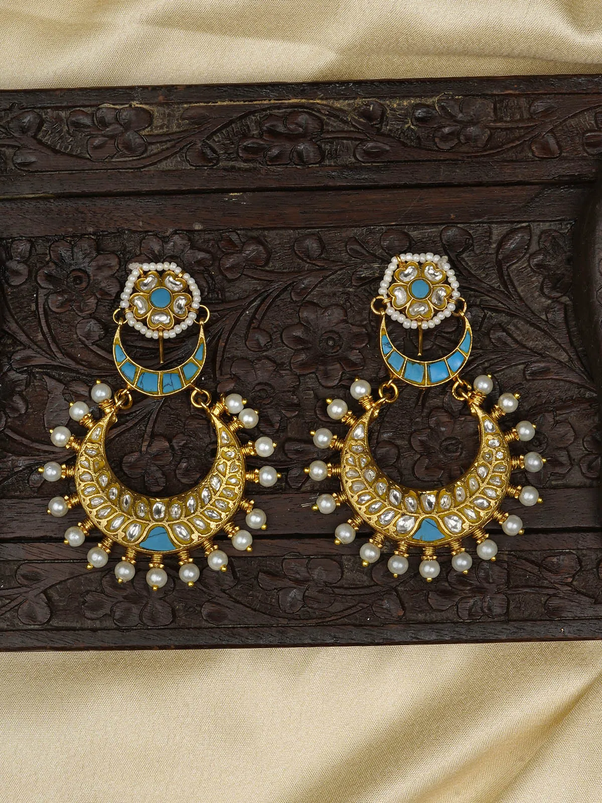 Firoza Color Gold Plated Thappa Jadau Kundan Earrings - TJ-E102WF