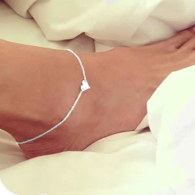 Girl Fashion Simple Heart Ankle Bracelet Chain Beach Foot Sandal Jewelry Boot Charm Handmade Rhinestone Bling Silver Women