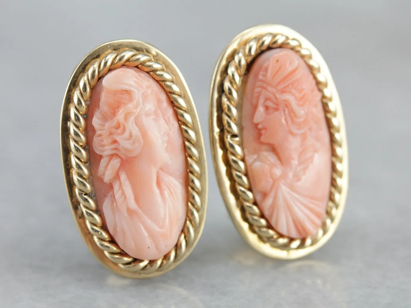 Gorgeous Carved Coral Cameo Earrings, Classic Yellow Gold Clip On Earrings