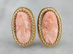 Gorgeous Carved Coral Cameo Earrings, Classic Yellow Gold Clip On Earrings