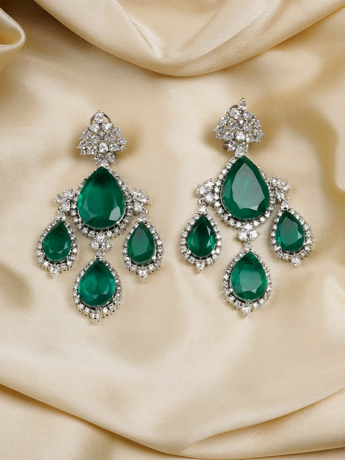 Green Color Silver Plated Faux Diamond Earrings - CZEAR540GR