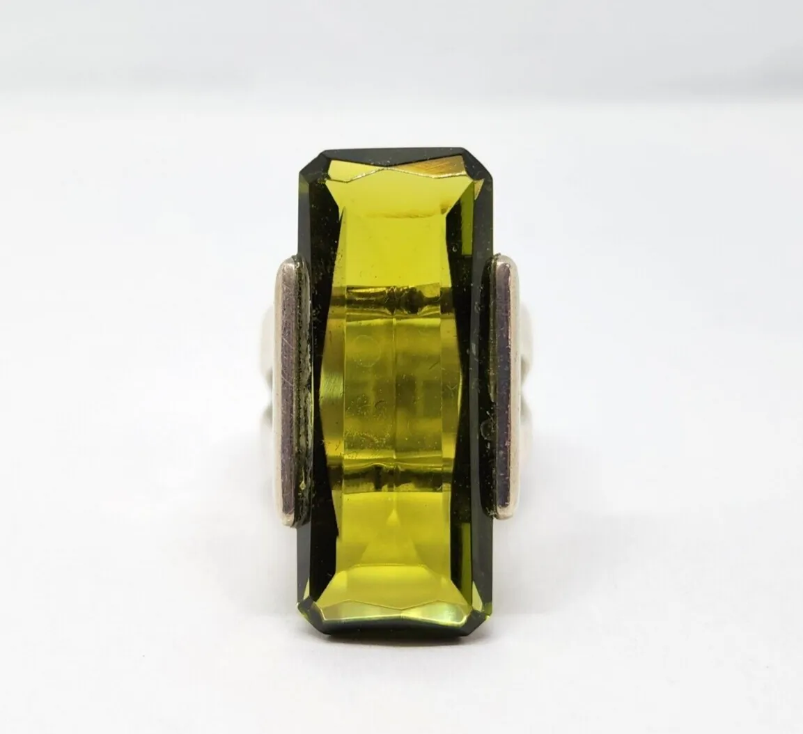 Green Glass Sterling Silver Ring, Size 6.5
