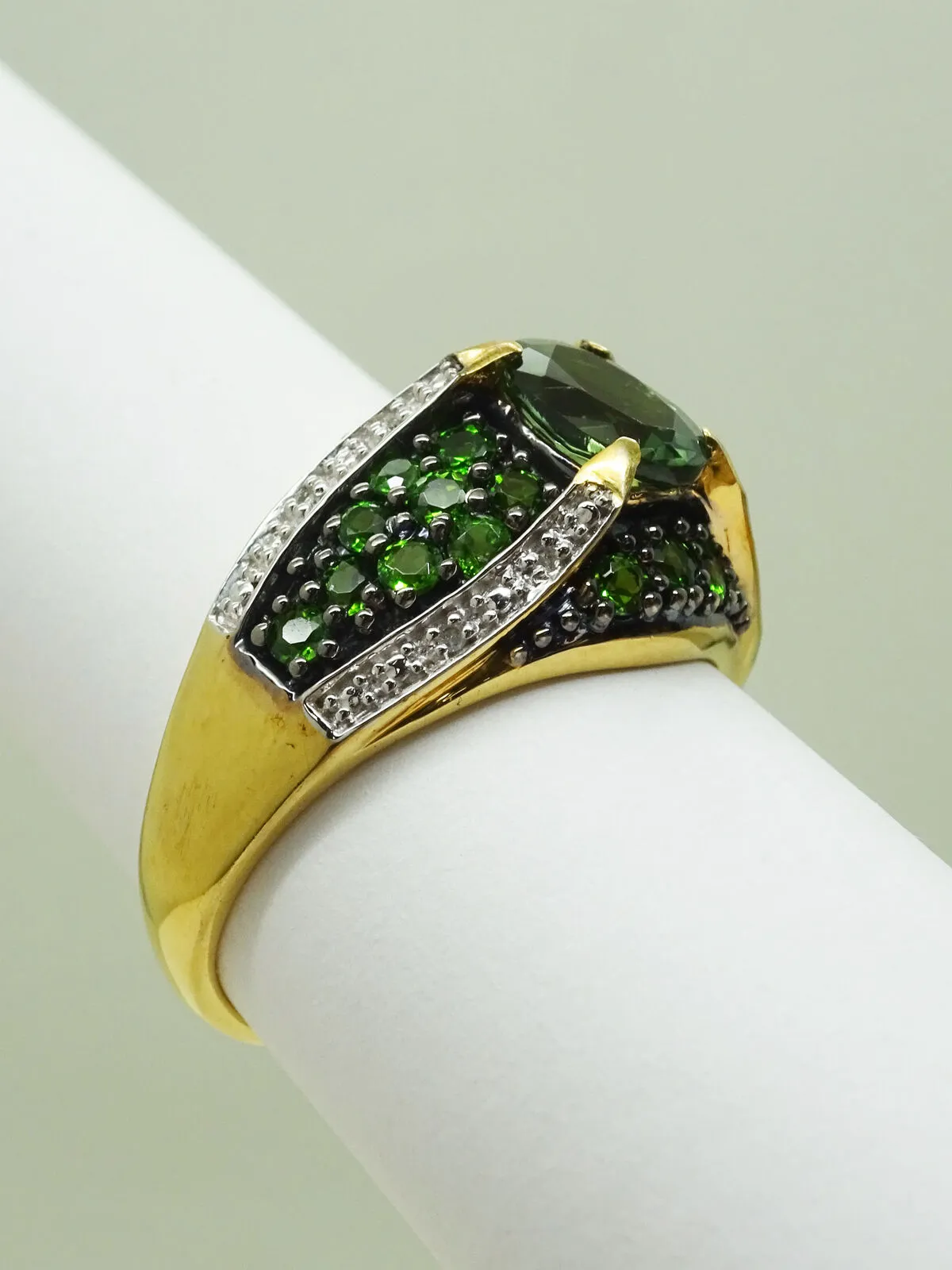Green Tourmaline & Colorless Topaz Ring Vermeil Sterling Silver Size 10
