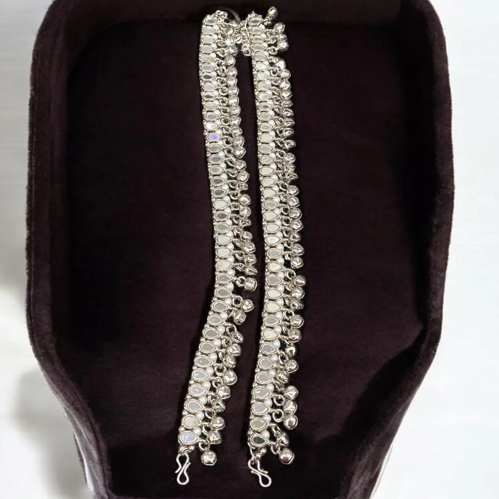 Hira Collections Traditional Silver Plated Mirror Stones Payal Anklets