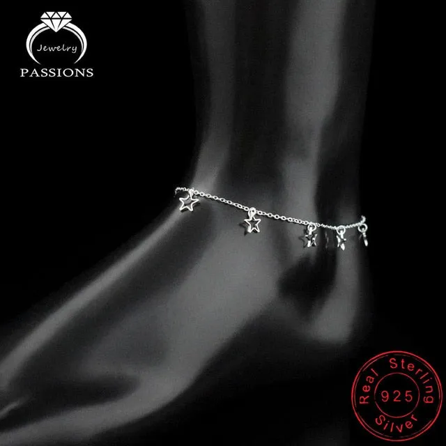 Hot Sale Hollow Star&Heart Pendant Foot Anklet Chain 925 Sterling Silver Plate Ladies Anklets Bracelet For Women's Jewelry Gift