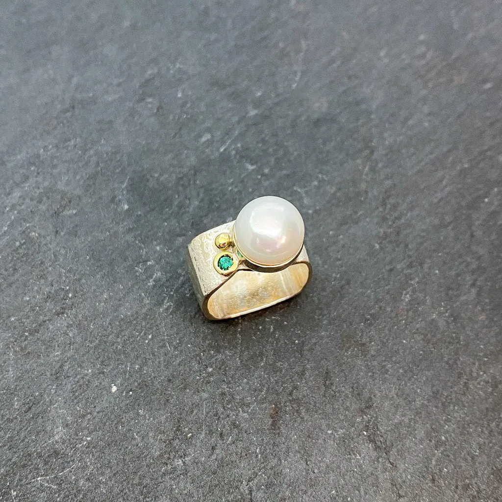 Mab Pearl & Emerald Ring Wide Square Stacking Ring