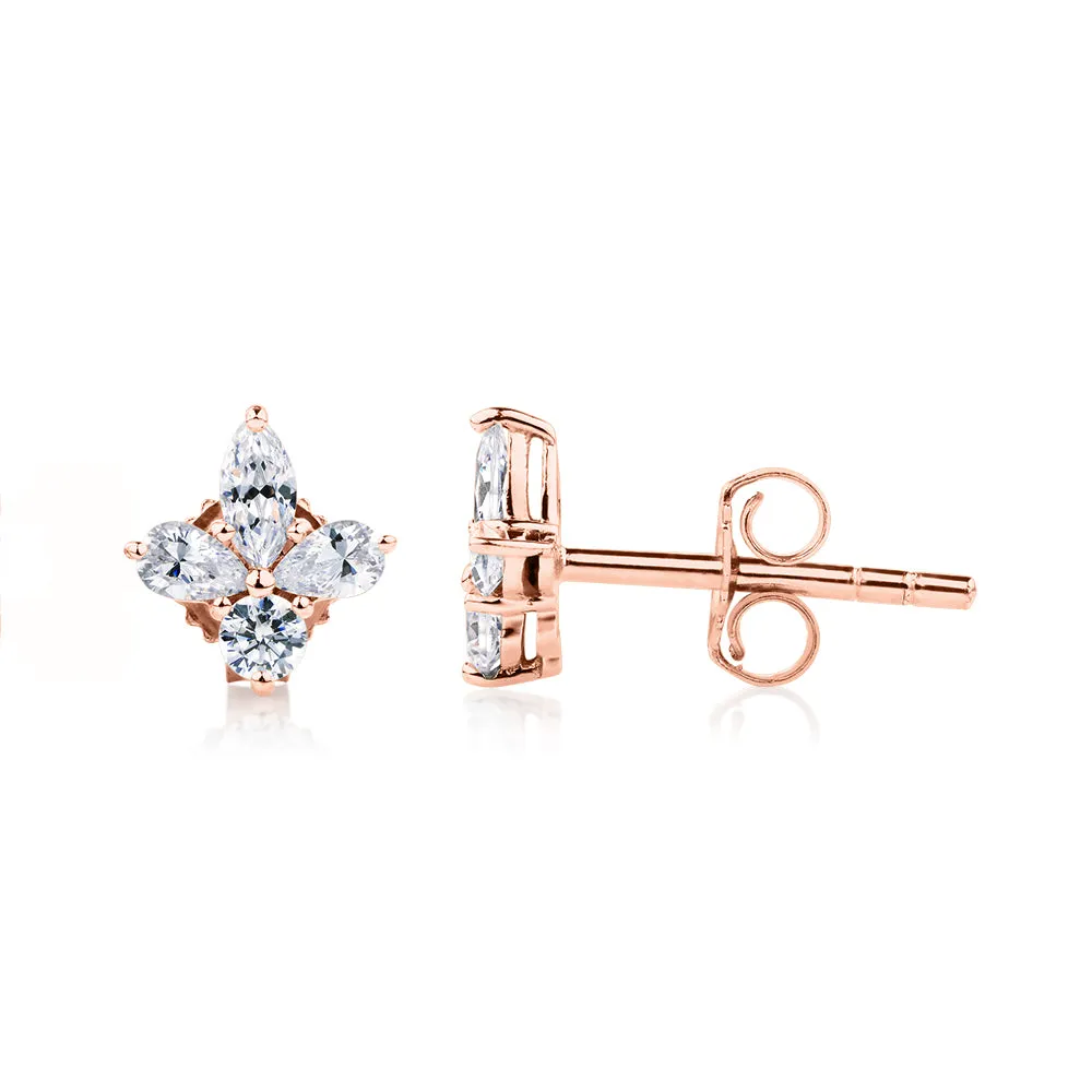 Marquise, Pear and Round Brilliant stud earrings with 0.8 carats* of diamond simulants in 10 carat rose gold
