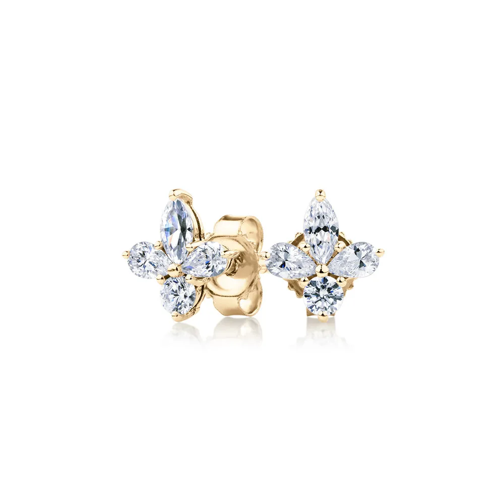 Marquise, Pear and Round Brilliant stud earrings with 0.8 carats* of diamond simulants in 10 carat yellow gold