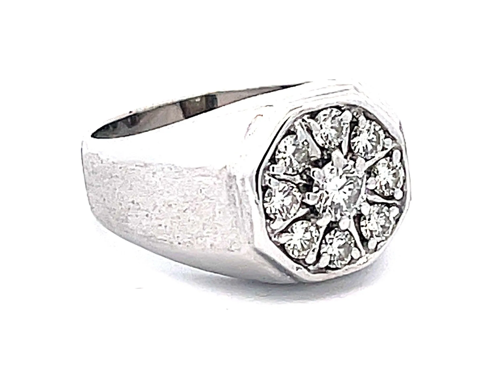 Mens Round Diamond Cluster Center Ring with Textured Shoulders in 14k White Gold