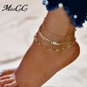 MissCyCy Fashion Crystal Anklet Set Vintage Handmade Ankle Bracelet for Women Party Summer Beach Accessories 3Pcs/Set