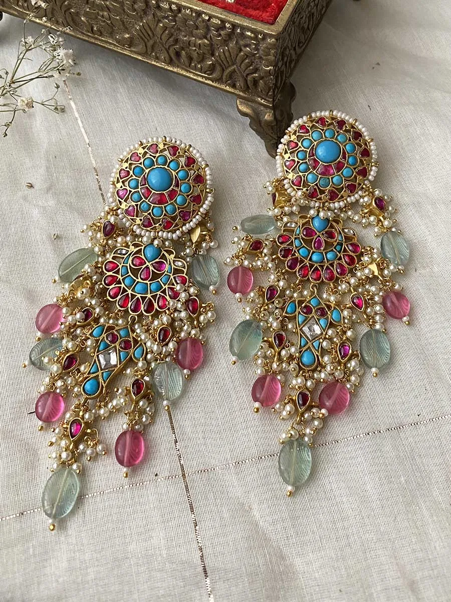 Multicolor Gold Plated Jadau Kundan Earrings - ME723FP
