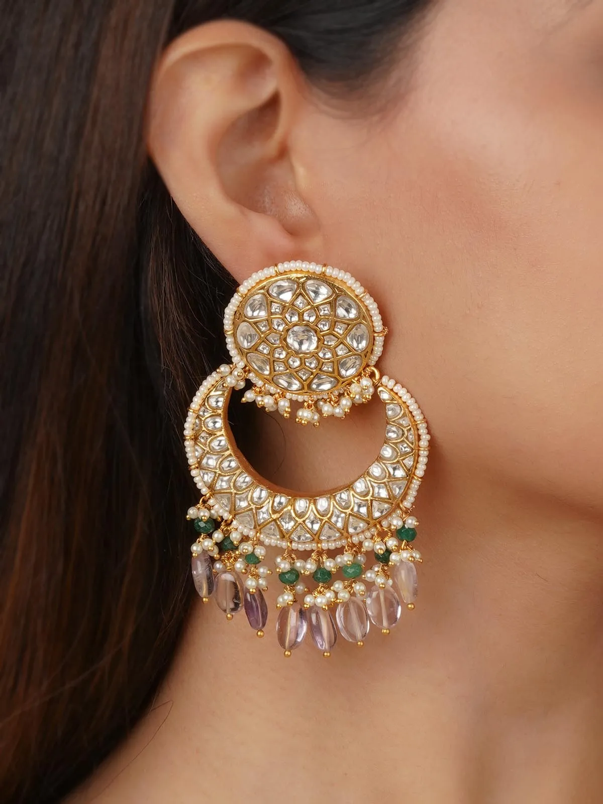 Multicolor Gold Plated Thappa Jadau Kundan Earrings - TJ-E10