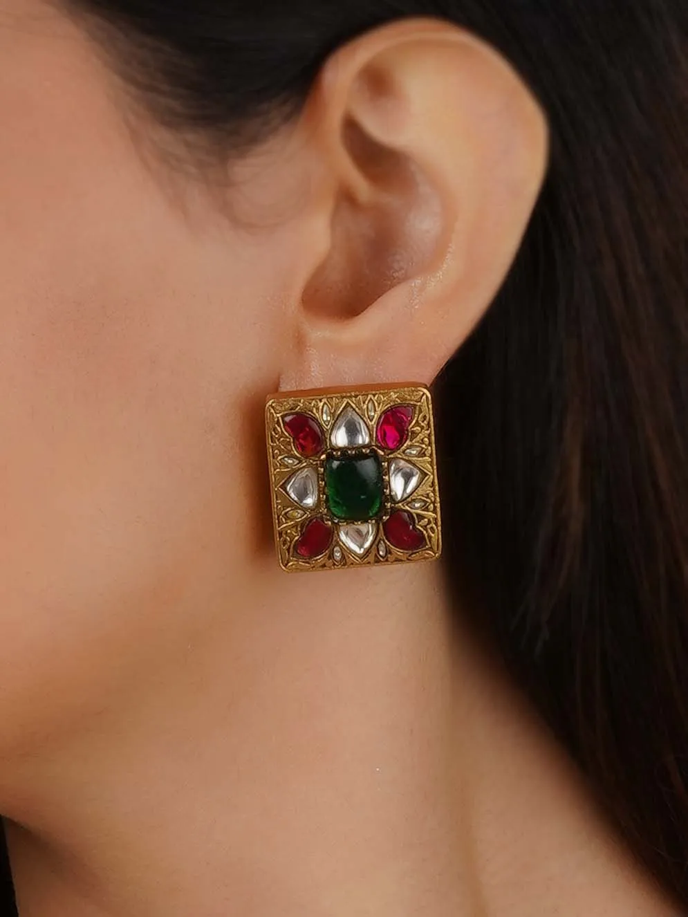 Multicolor Gold Plated Thappa Jadau Kundan Earrings - TJ-E120M