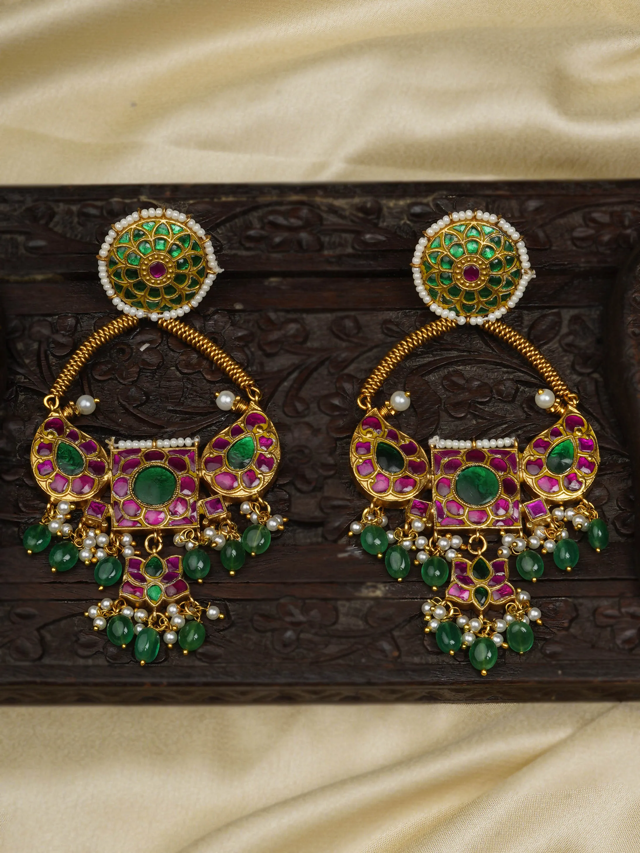 Multicolor Gold Plated Thappa Jadau Kundan Earrings - TJ-E94M