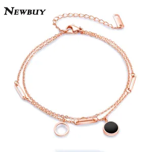 NEWBUY Double Layer Rose Gold Color Anklets For Women Girl Stainless Steel Paper clip Charm Ankle Bracelet bijou cheville