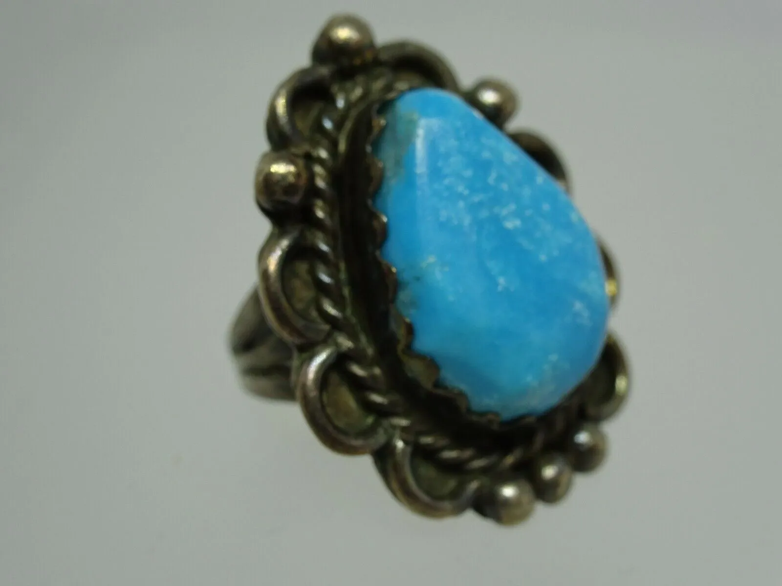 Old Pawn Native American Navajo Sterling Turquoise Ring Sawtooth Bezel  Size 4.5