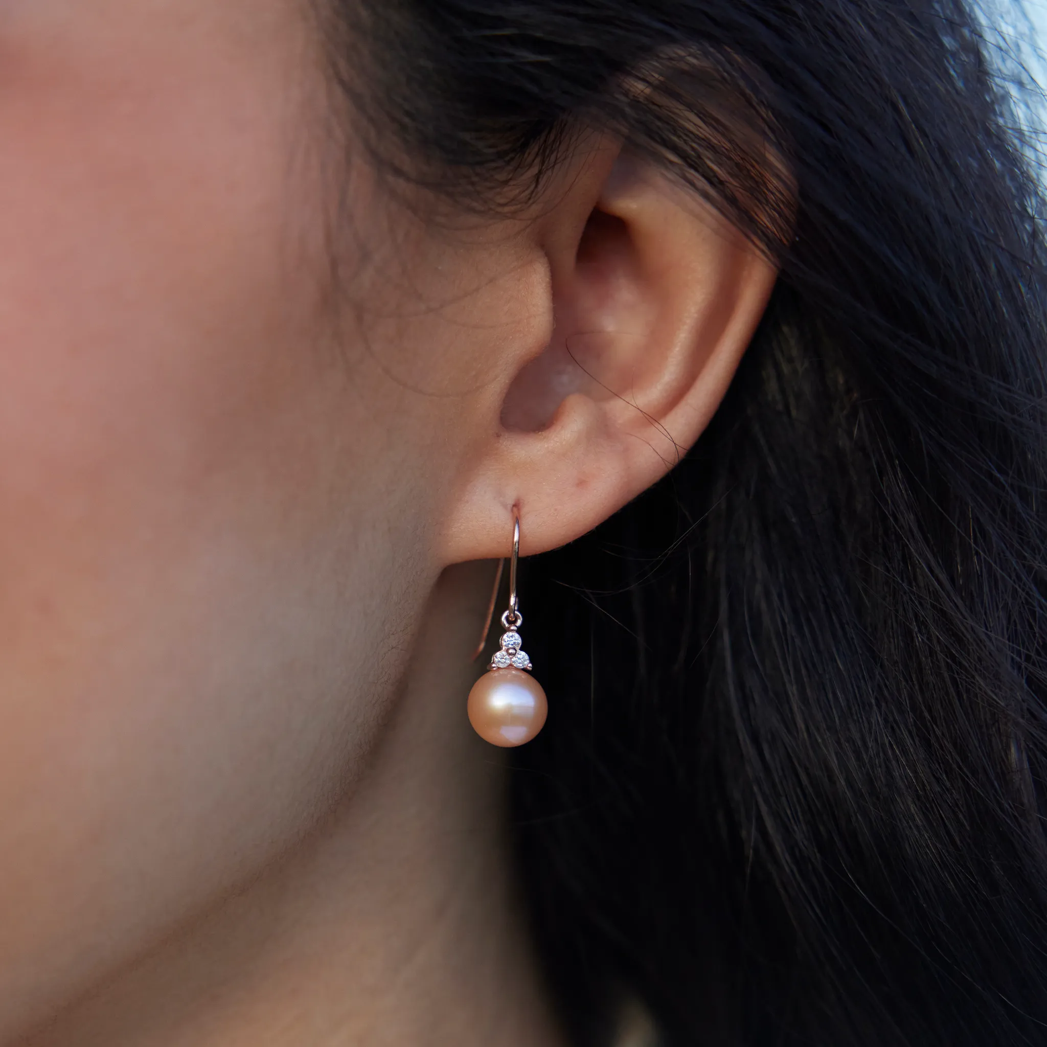 Peach Freshwater Pearl Earrings in Rose Gold with Diamonds - 9-10mm