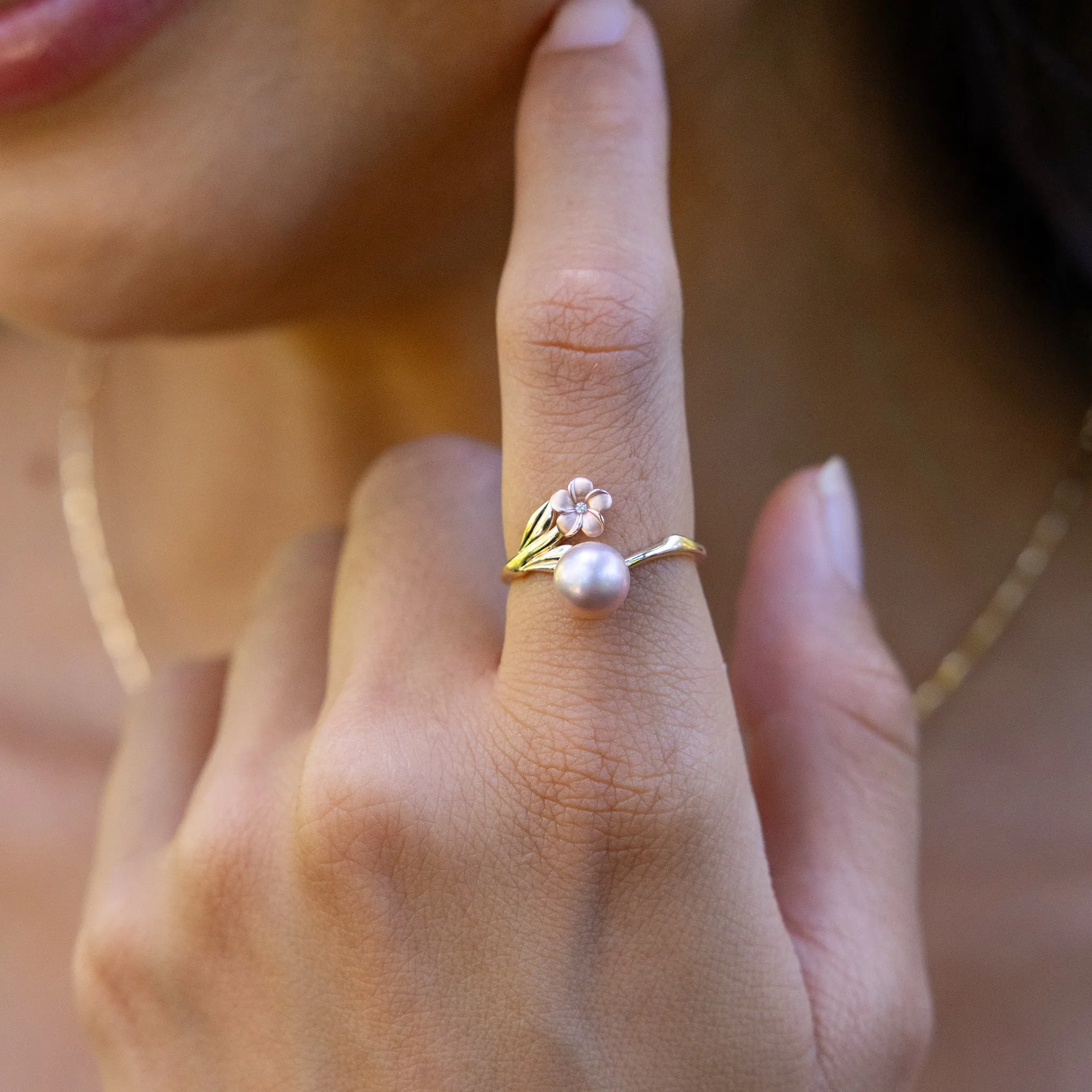 Pearls in Bloom Plumeria Lavender Freshwater Pearl Ring in Two Tone Gold with Diamond - 7-8mm