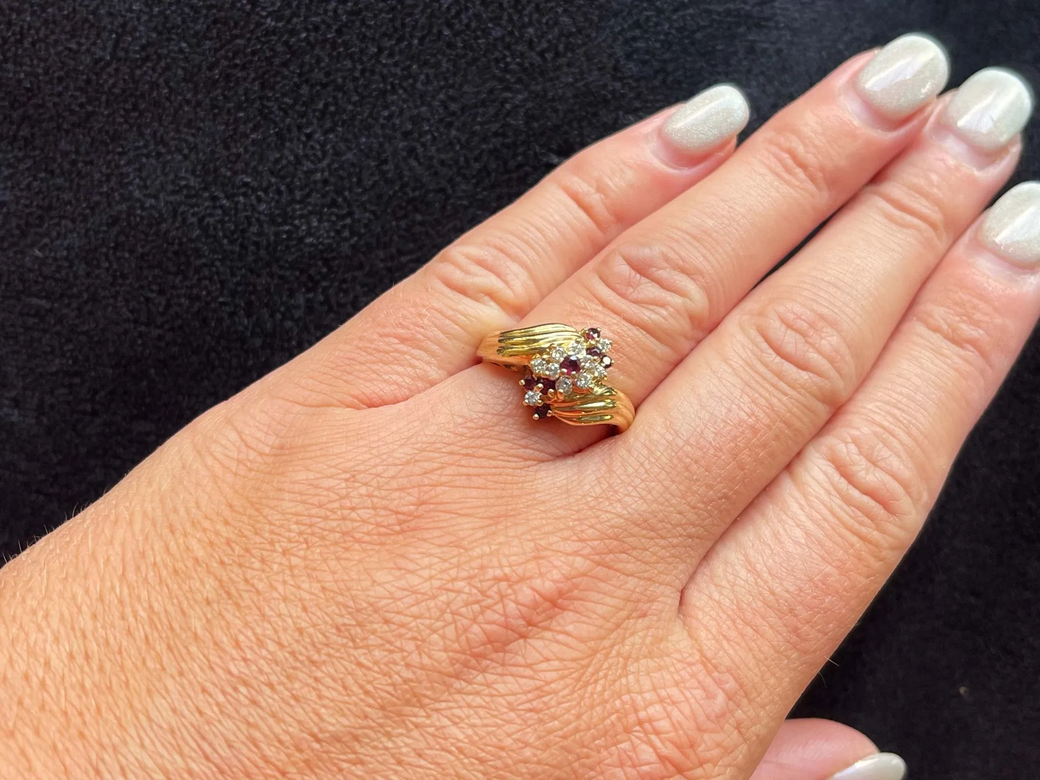Ruby Diamond Cluster Twist Ring in 18k Yellow Gold