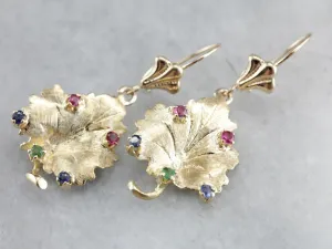 Sapphire and Ruby Leaf Gold Drop Earrings
