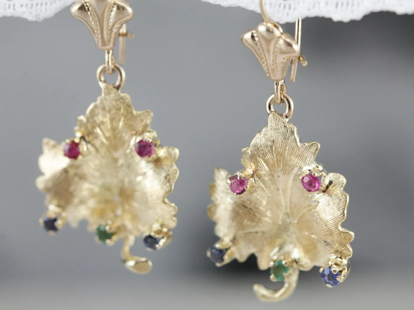 Sapphire and Ruby Leaf Gold Drop Earrings