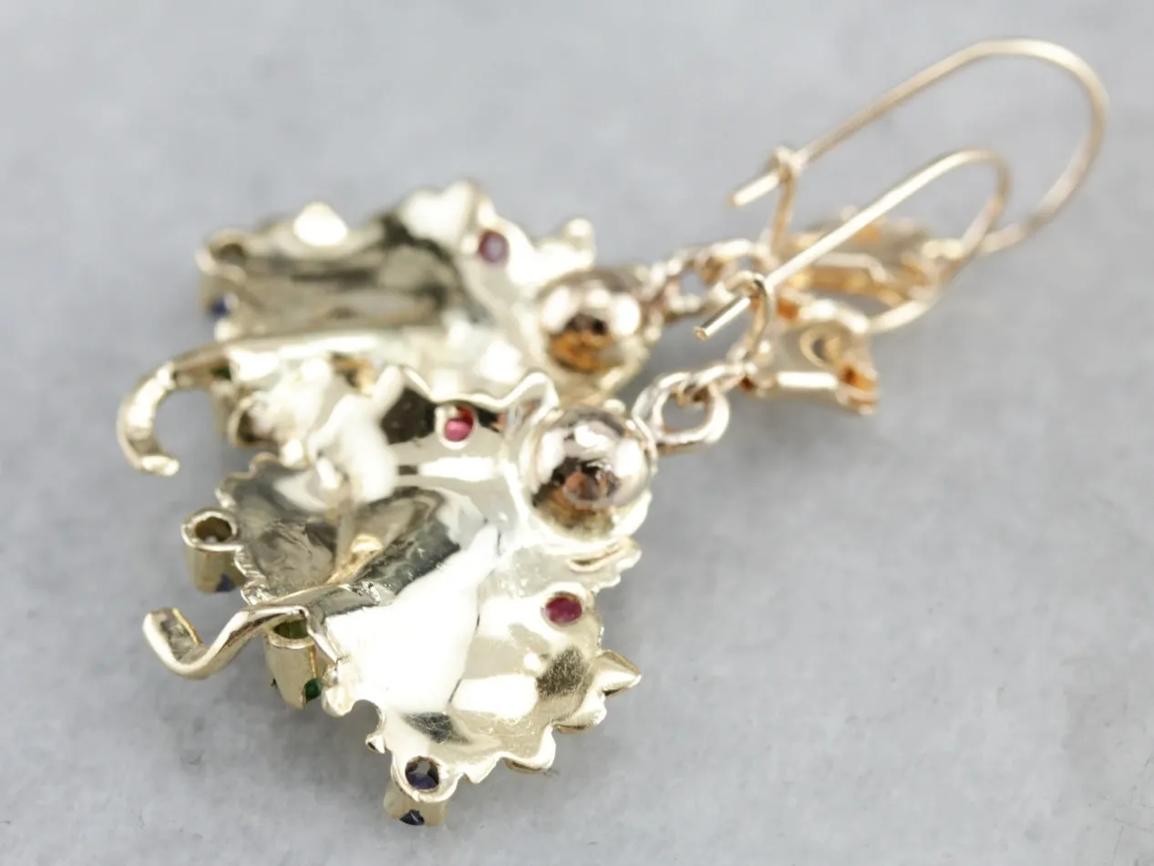 Sapphire and Ruby Leaf Gold Drop Earrings