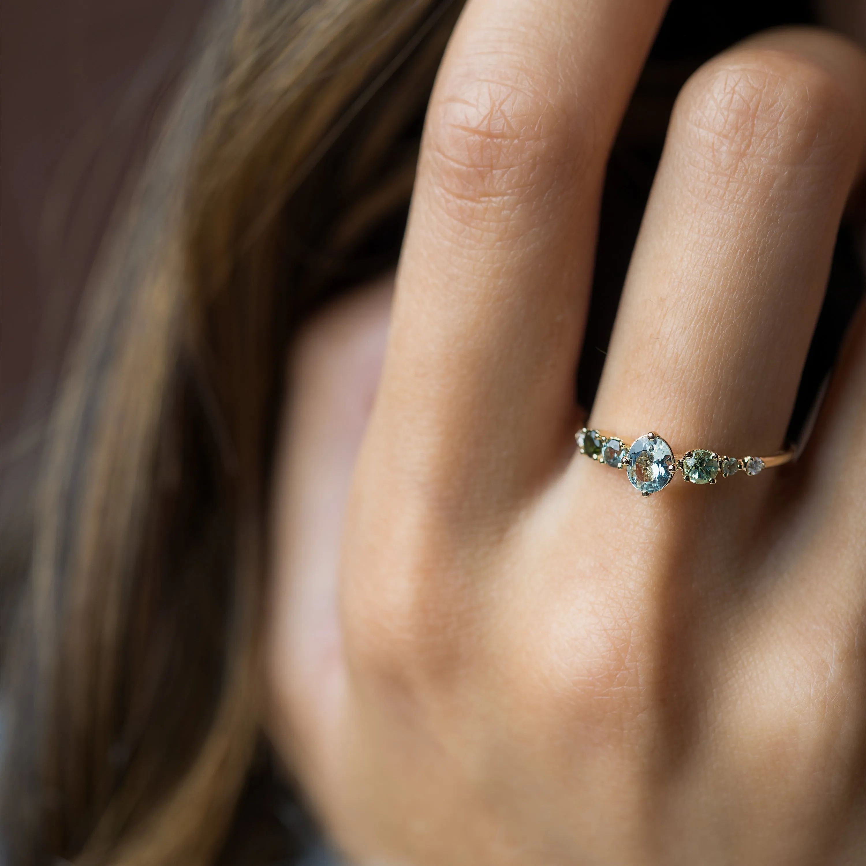 Seafoam Linear Cluster Ring with Aquamarine