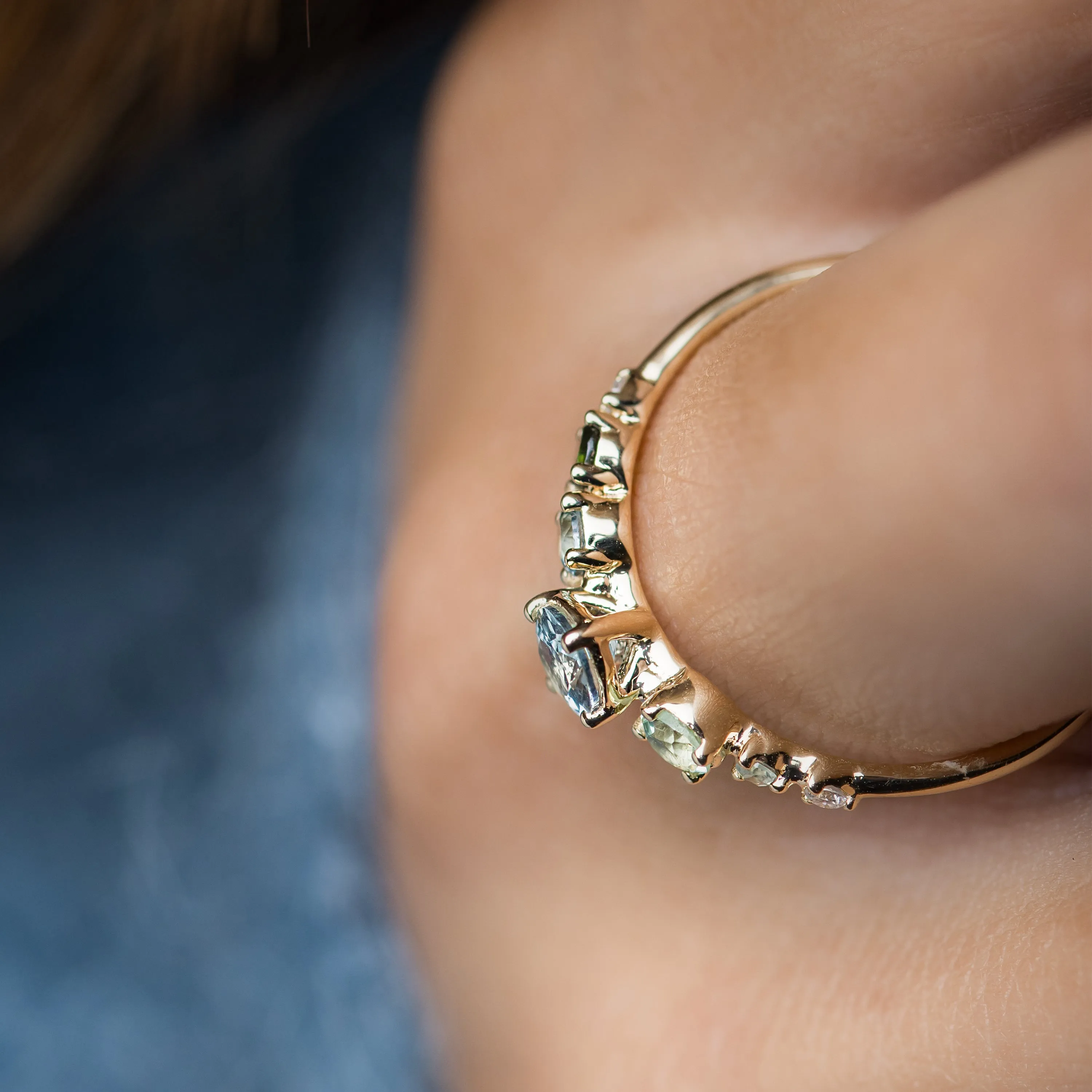 Seafoam Linear Cluster Ring with Aquamarine