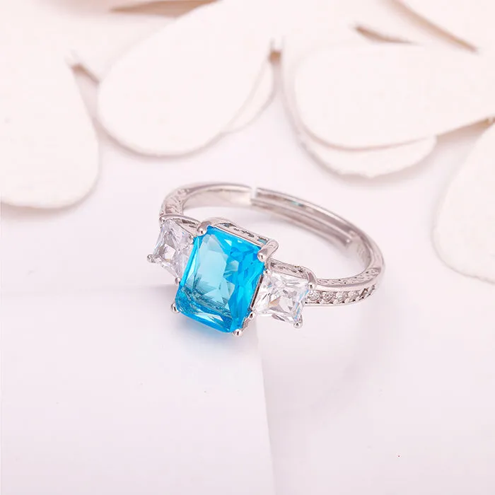 Silver Aqua Blue Baguette Ring