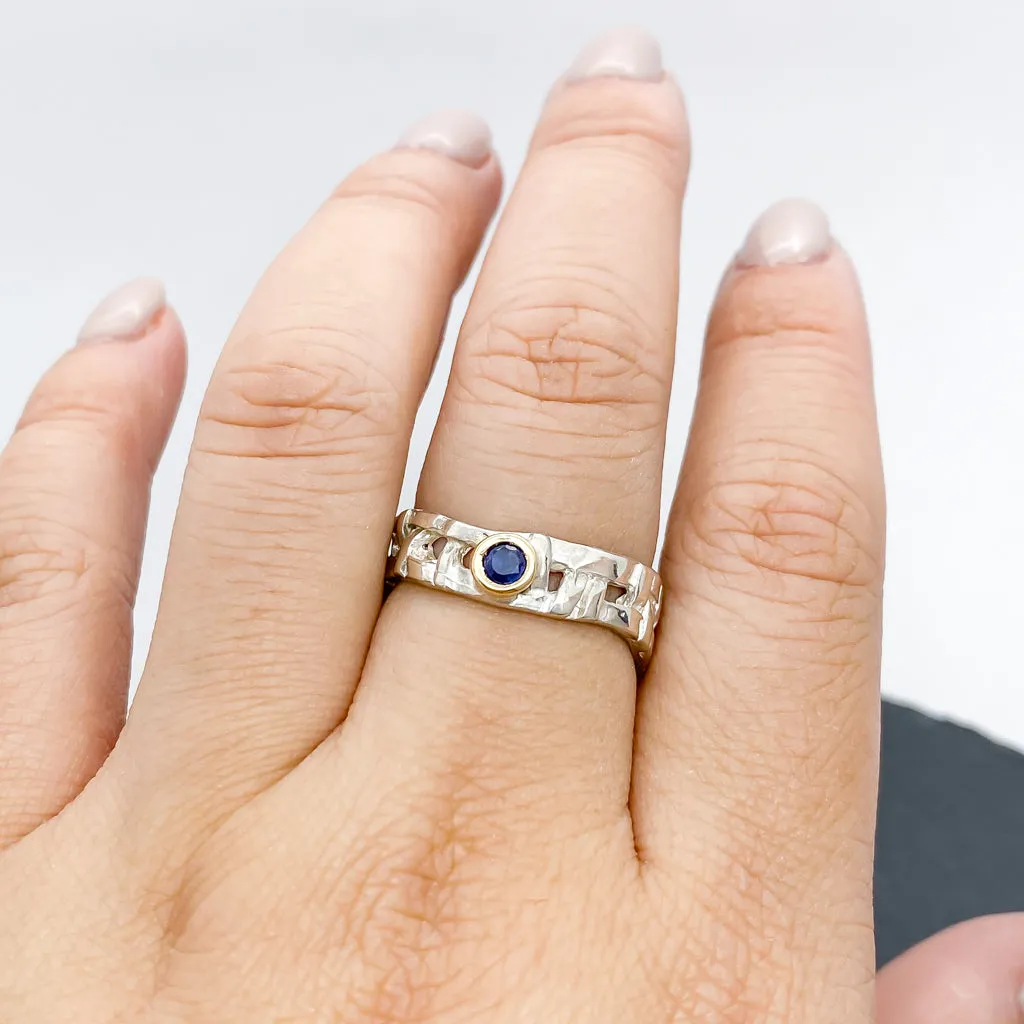 Skinny Woven Basket Blue Sapphire Bezel Ring