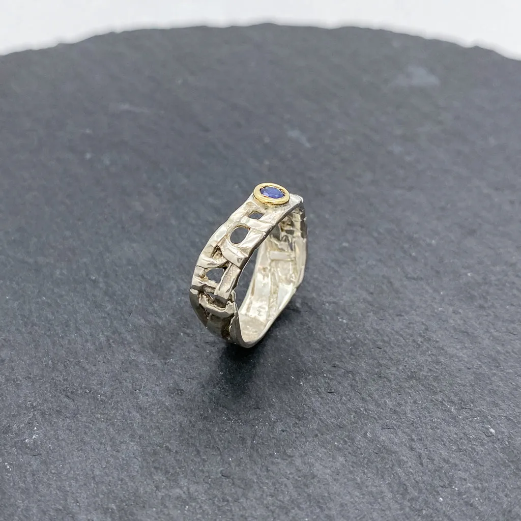 Skinny Woven Basket Blue Sapphire Bezel Ring
