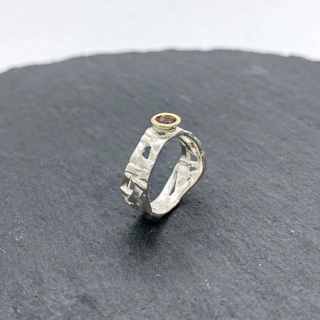 Skinny Woven Basket Garnet Bezel Ring