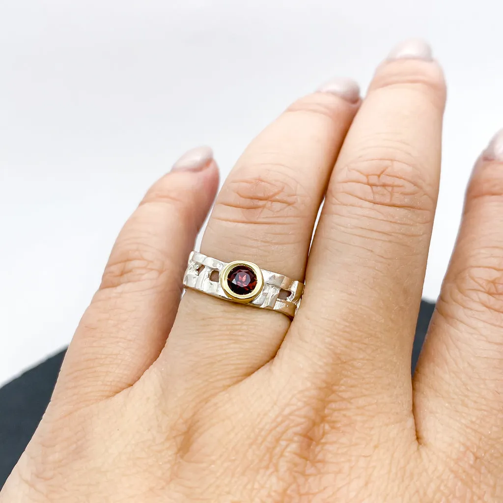 Skinny Woven Basket Garnet Bezel Ring
