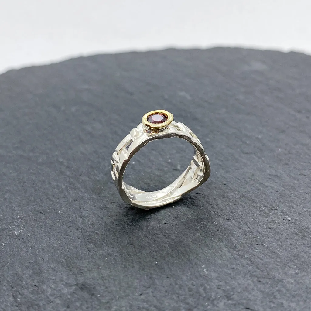 Skinny Woven Basket Garnet Bezel Ring