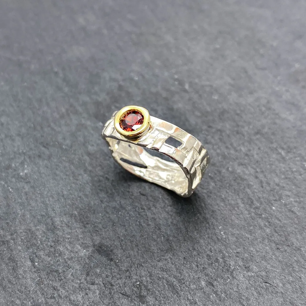Skinny Woven Basket Garnet Bezel Ring