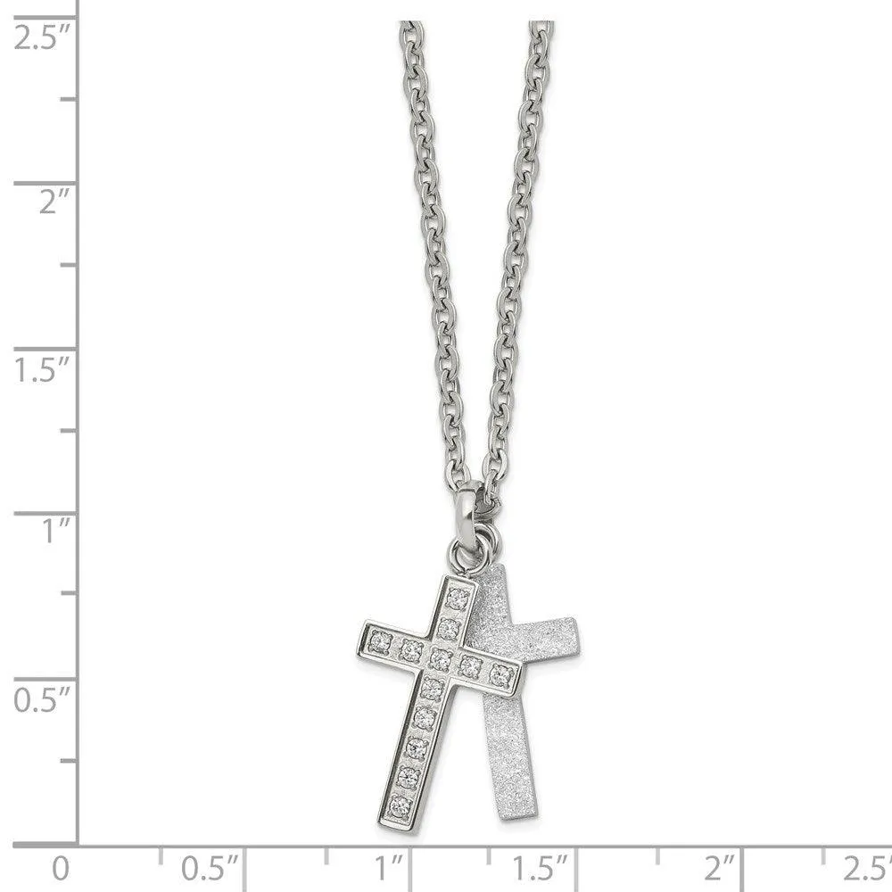 Stainless Steel Laser cut CZ Two Piece Cross Pendant Necklace
