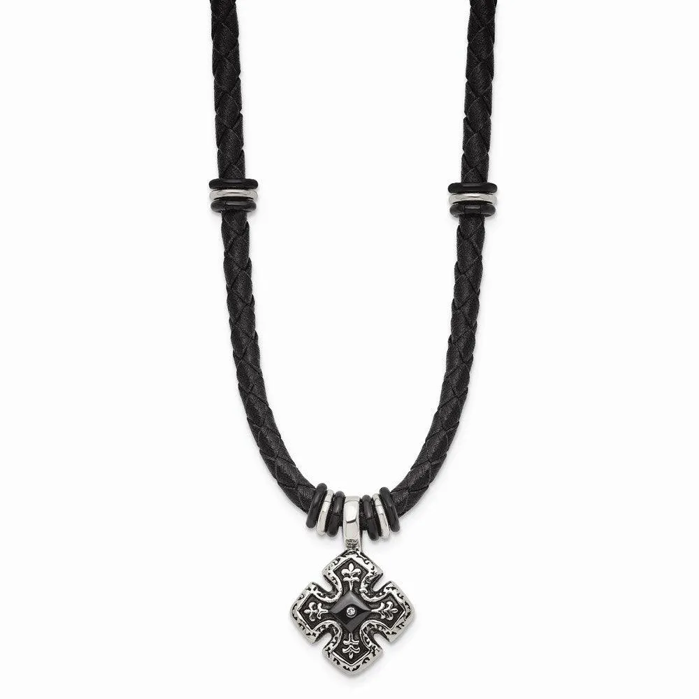 Stainless Steel Polished Black IP Braided Blk Leather CZ Necklace