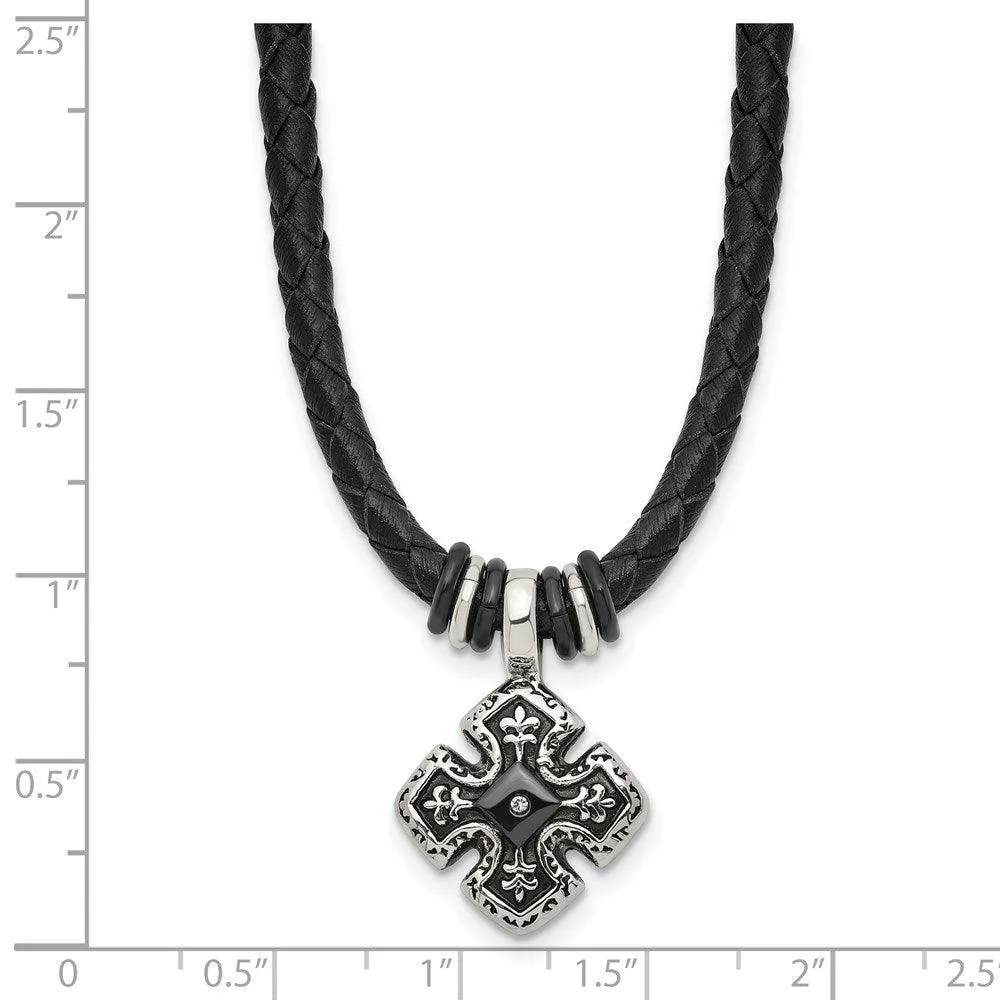 Stainless Steel Polished Black IP Braided Blk Leather CZ Necklace