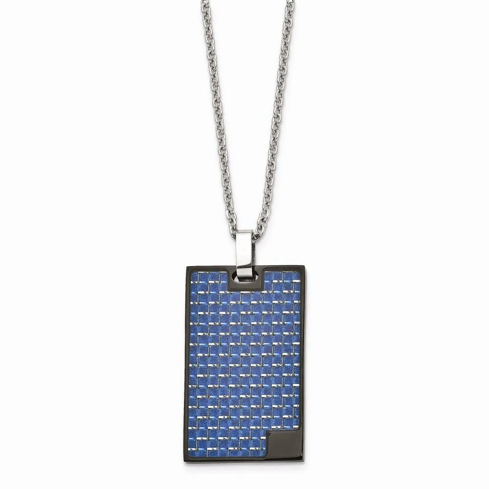 Stainless Steel Polished BlackIP-plated w/Blue Carbon Fiber Inlay Necklace
