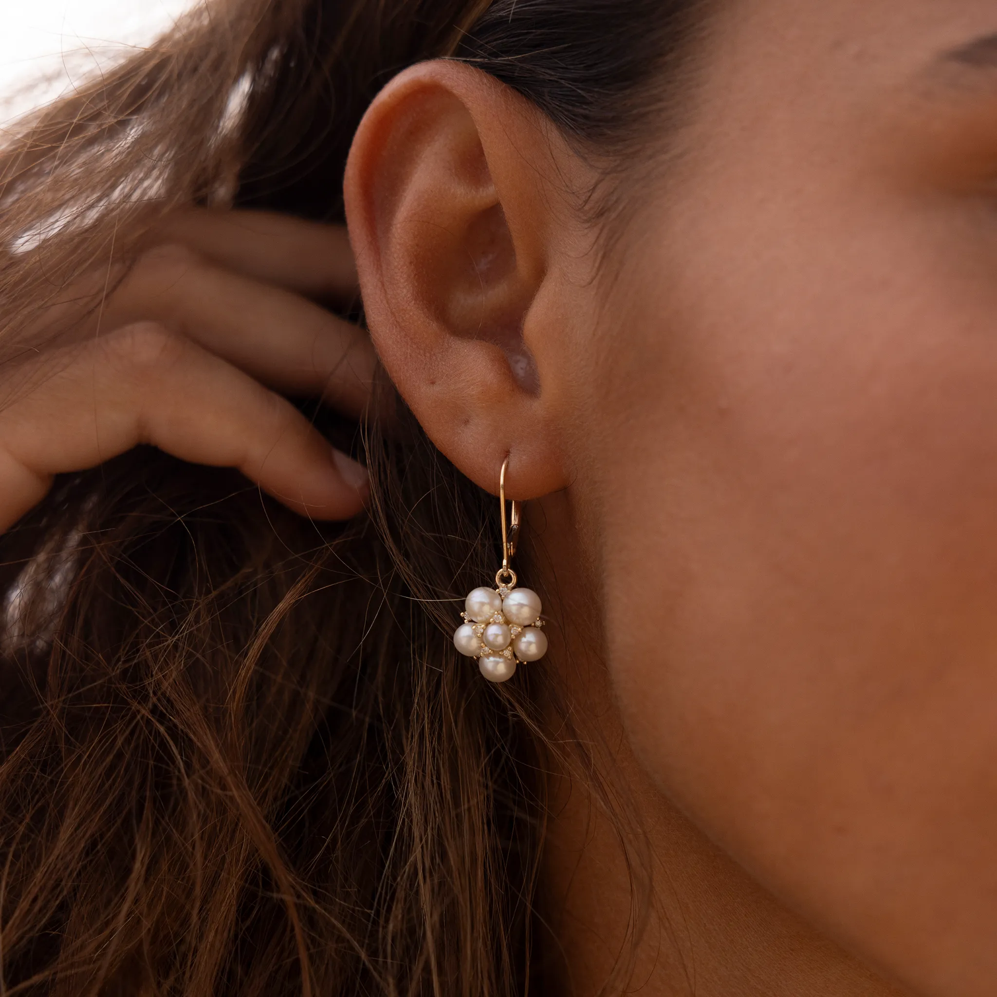 Tiny Bubbles Freshwater White Pearl Earrings in Gold with Diamonds