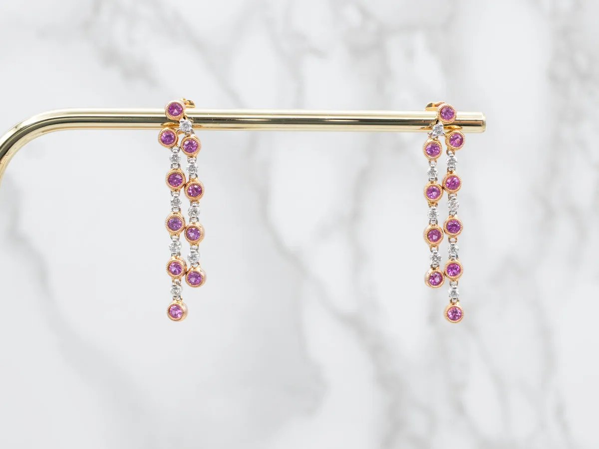 Tri Color Pink Sapphire and Diamond Drop Earrings