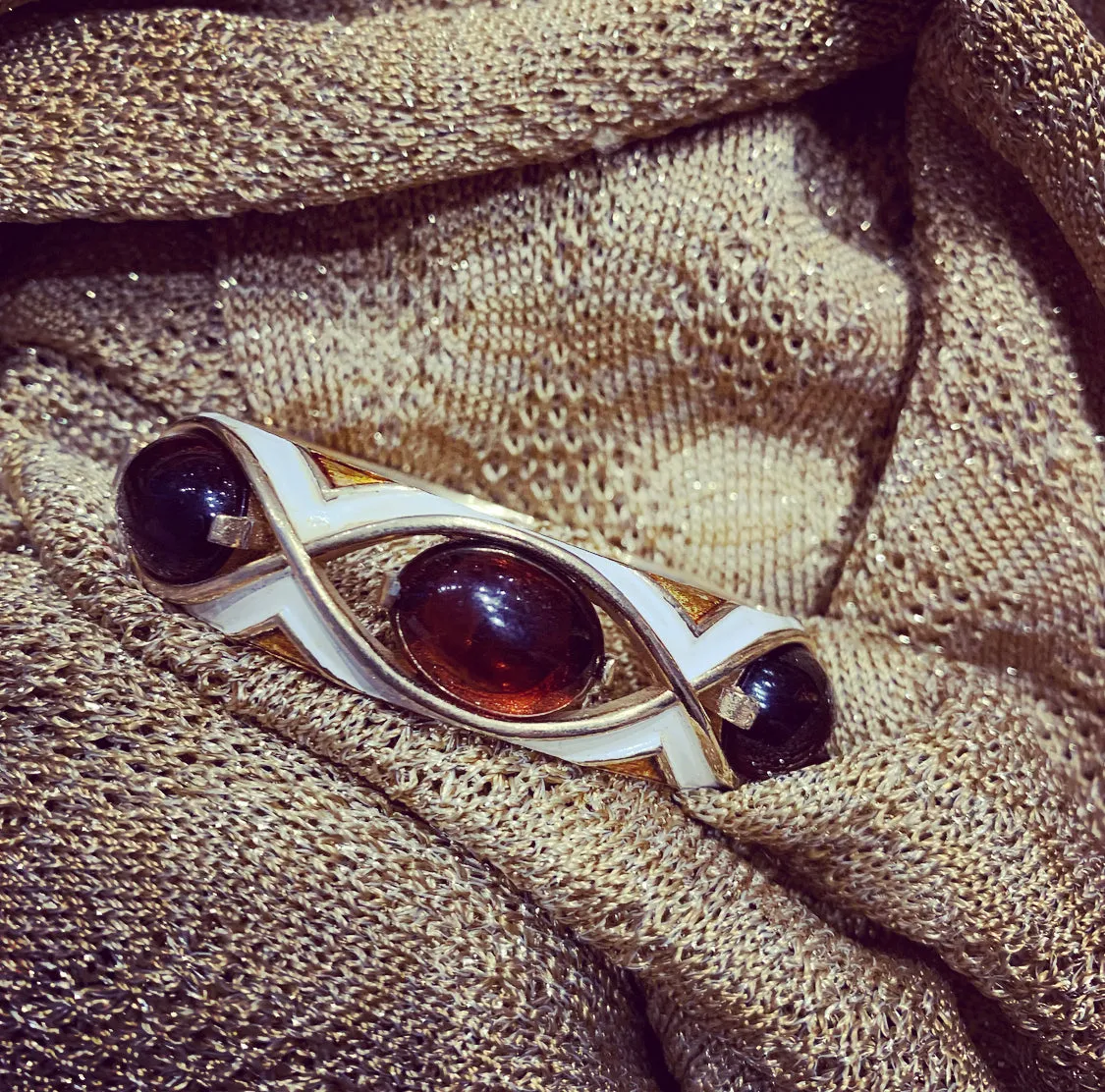 Trifari white enamel Amber brown clamper bangle
