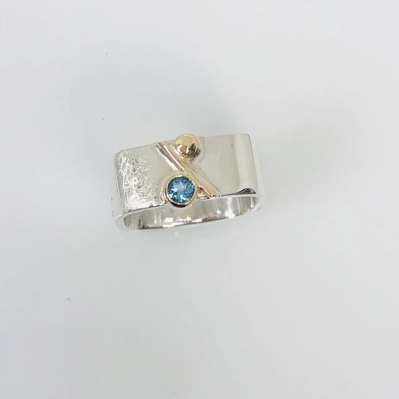 Unique Large Square Stacking Silver & Gold Blue Topaz Ring