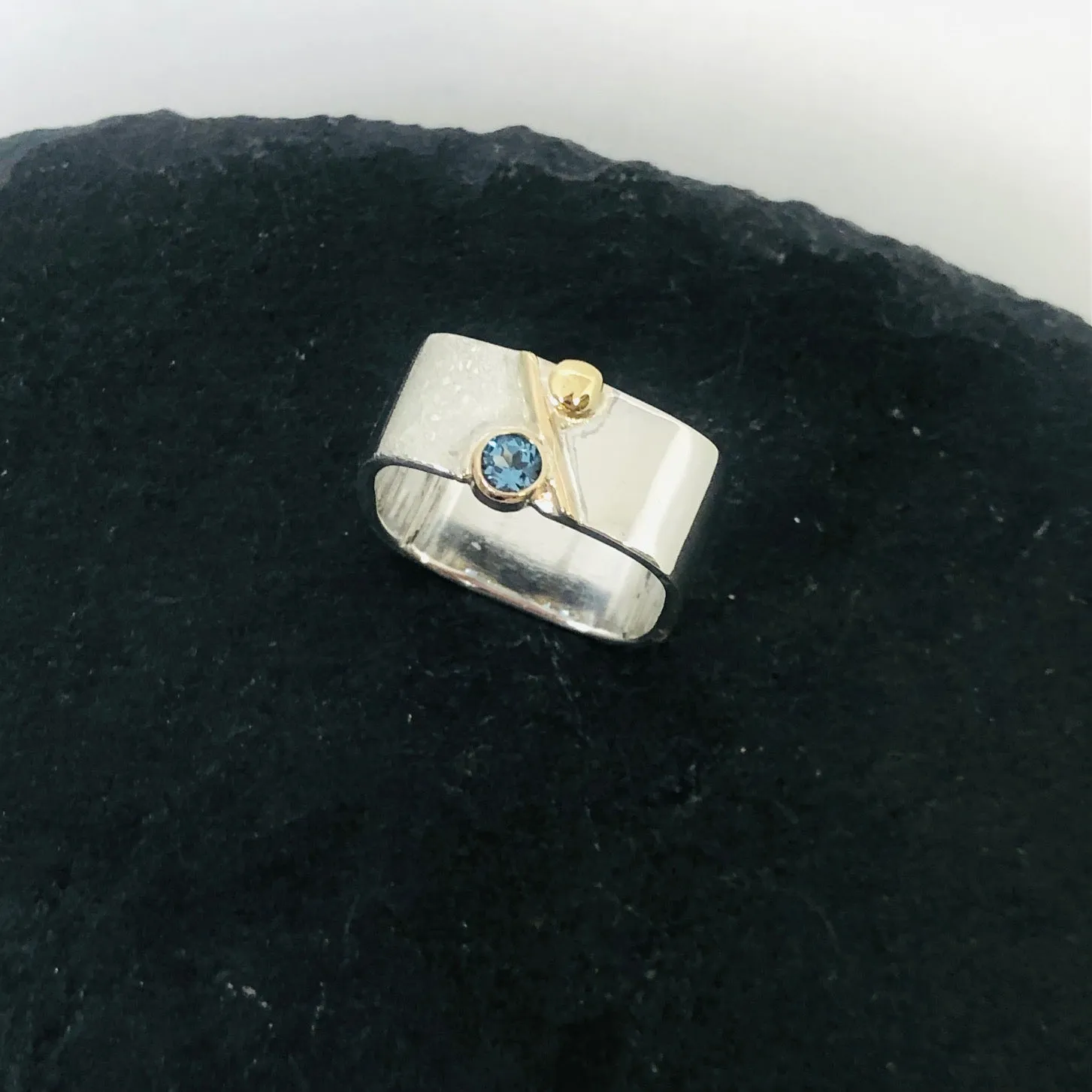 Unique Large Square Stacking Silver & Gold Blue Topaz Ring