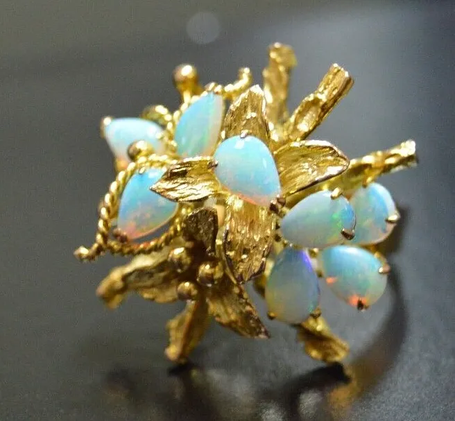 Vintage 14k Gold Playful Opal Stack Ring, 8 Opals, Size 6, 7.9 grams