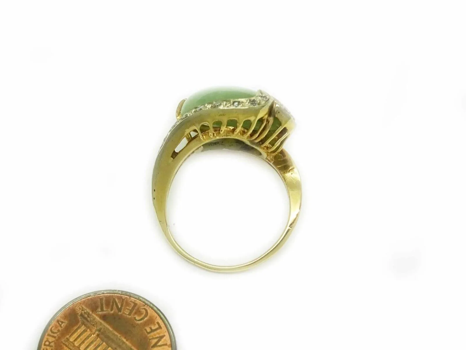 Vintage 9.65ct tw Jade & Diamond Ribbon Filigree Ring 14k Gold Size 6.5