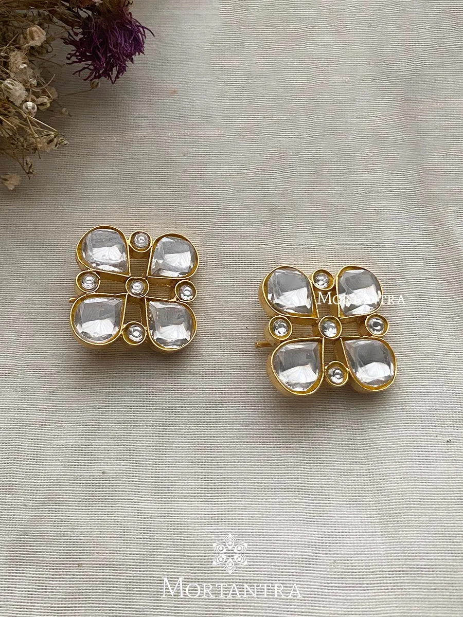 White Color Gold Plated Thappa Jadau Kundan Earrings - TJ-E27W
